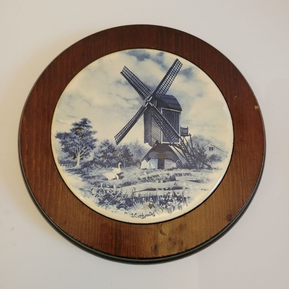 Vintage Blue & White Delft Windmill Ceramic Trivet With Wooden Frame